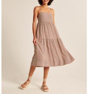 Abercrombie Tiered Trapeze Midi Dress, Checkered Brown, Small Tall